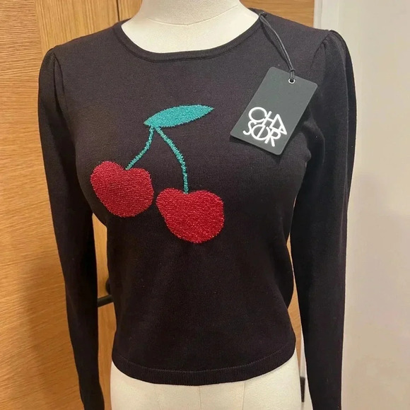 CHASER - Cropped Sweater, Cherry Motif, Black, Size Small - Picture 1 of 6